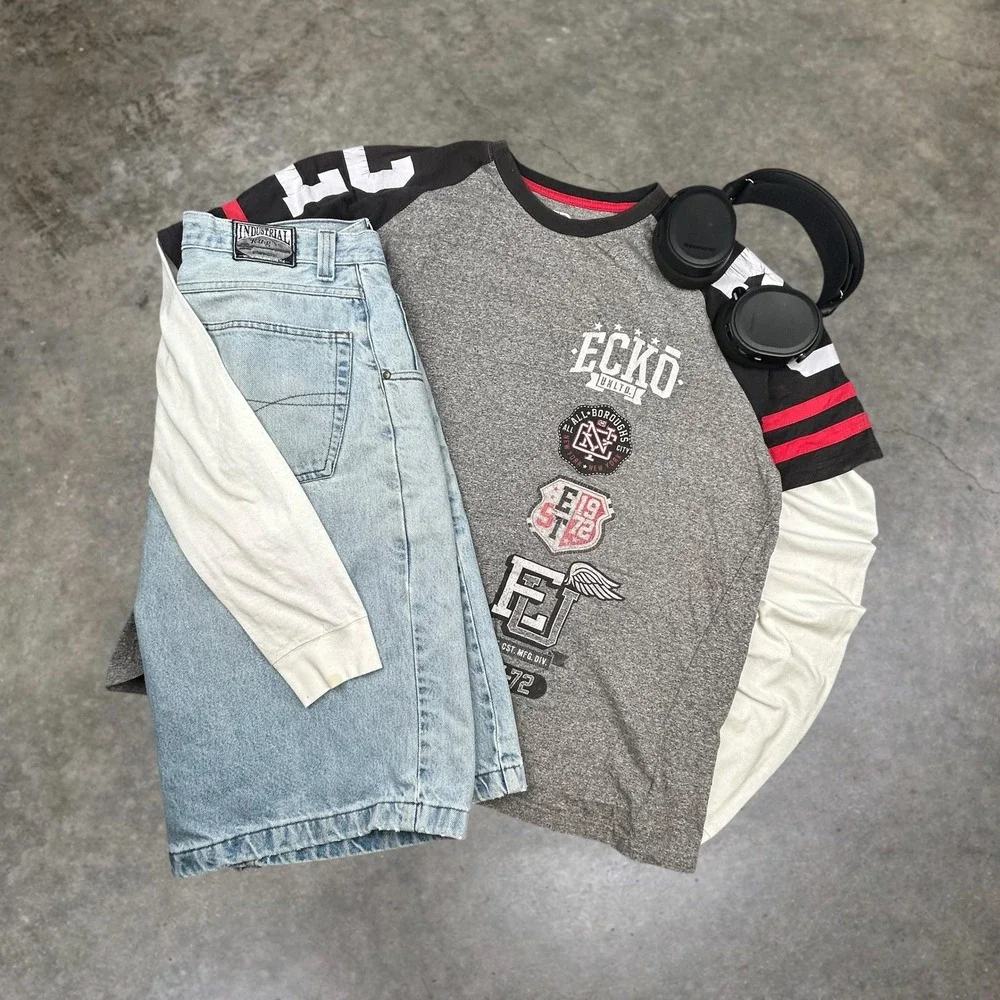 Vintage Ecko Unltd Raglan Graphic T Shirt Mens 2XL Grey Black Y2K Streetwear - Picture 1 of 7